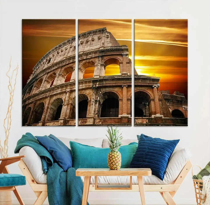 A three-panel canvas titled "Colosseum with Yellow Sunset Behind, Italy," protected with a UV-coating, is elegantly displayed.