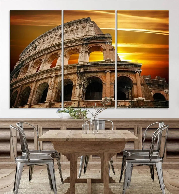 A three-panel canvas titled "Colosseum with Yellow Sunset Behind, Italy," protected with a UV-coating, is elegantly displayed.