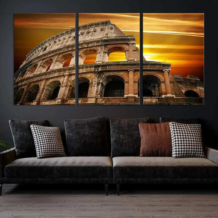 A three-panel canvas titled "Colosseum with Yellow Sunset Behind, Italy," protected with a UV-coating, is elegantly displayed.