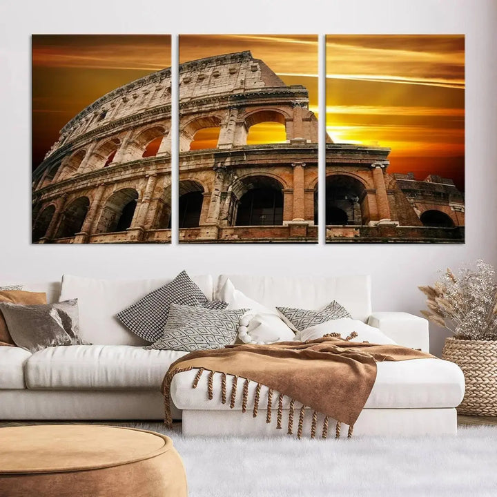 A three-panel canvas titled "Colosseum with Yellow Sunset Behind, Italy," protected with a UV-coating, is elegantly displayed.