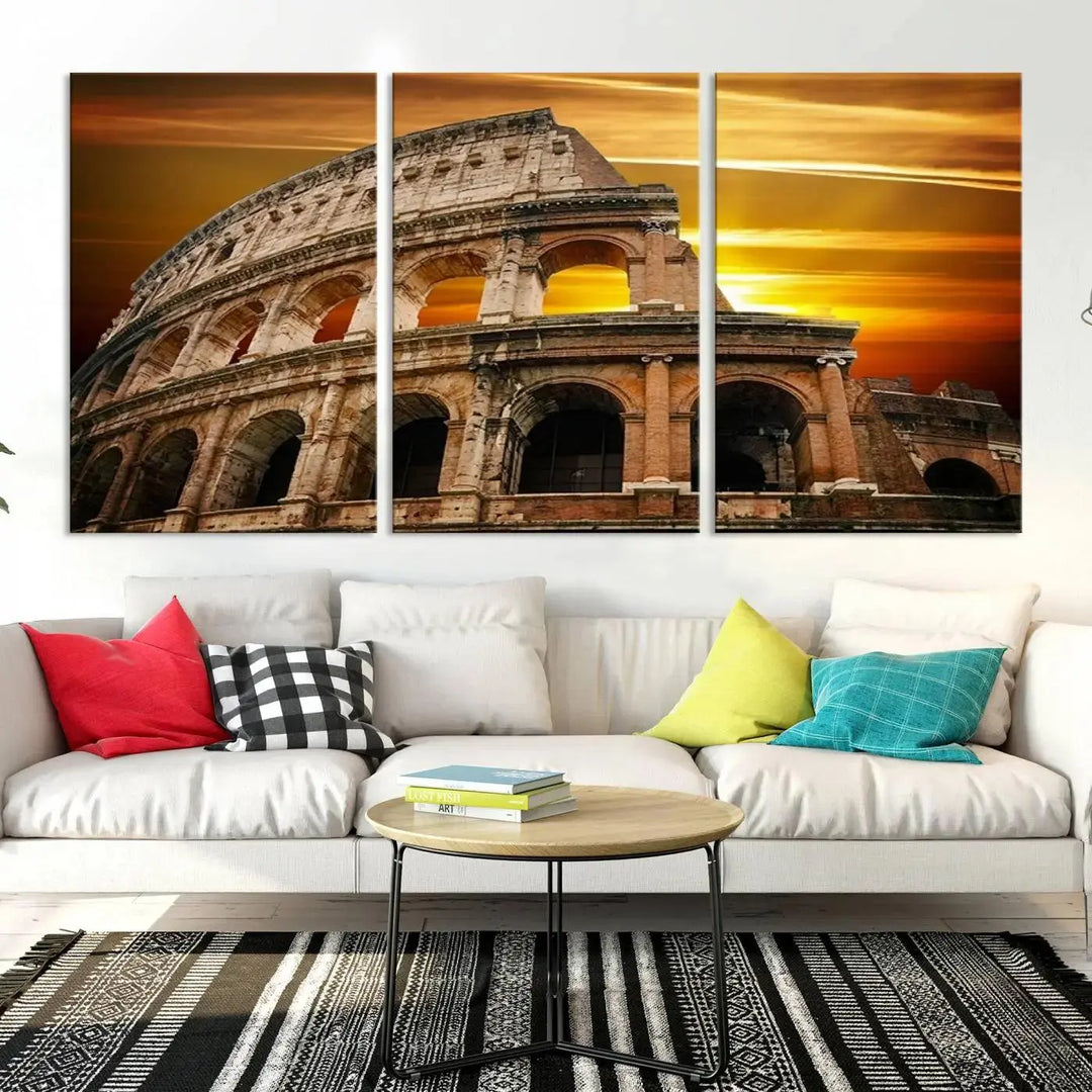 A three-panel canvas titled "Colosseum with Yellow Sunset Behind, Italy," protected with a UV-coating, is elegantly displayed.