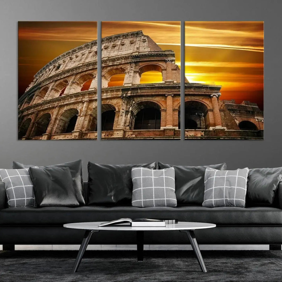 A three-panel canvas titled "Colosseum with Yellow Sunset Behind, Italy," protected with a UV-coating, is elegantly displayed.