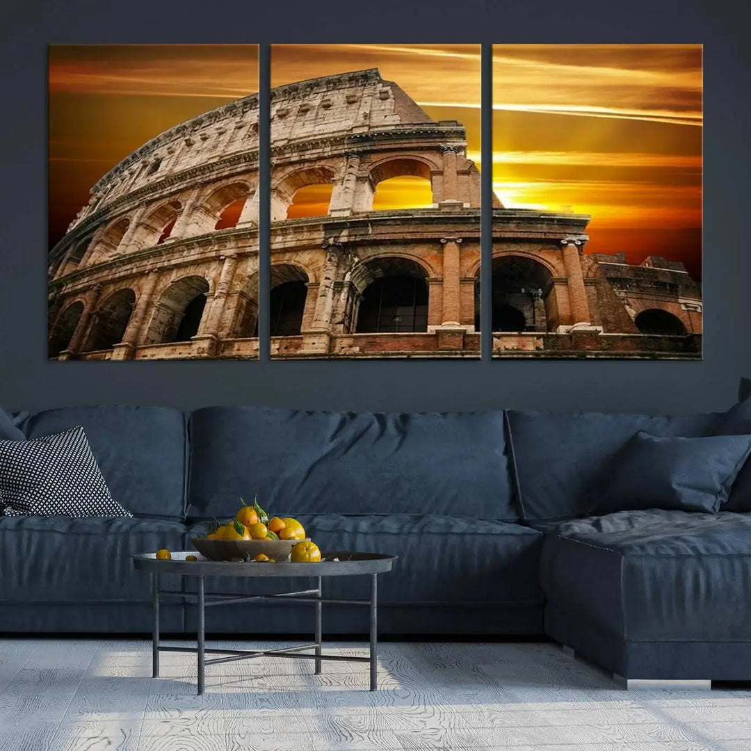 A three-panel canvas titled "Colosseum with Yellow Sunset Behind, Italy," protected with a UV-coating, is elegantly displayed.