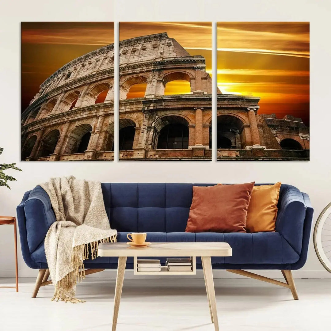 A three-panel canvas titled "Colosseum with Yellow Sunset Behind, Italy," protected with a UV-coating, is elegantly displayed.