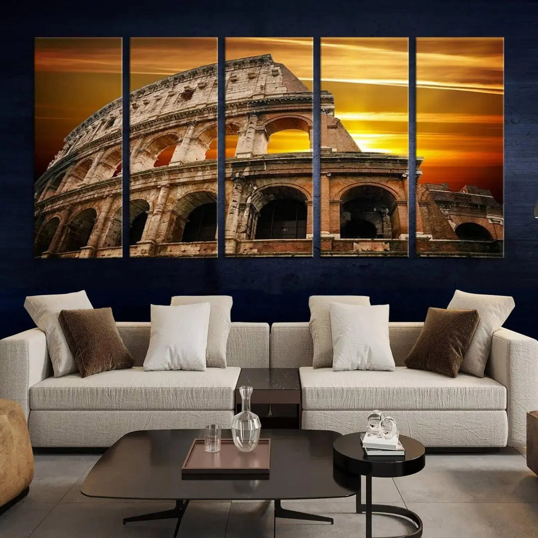 A three-panel canvas titled "Colosseum with Yellow Sunset Behind, Italy," protected with a UV-coating, is elegantly displayed.