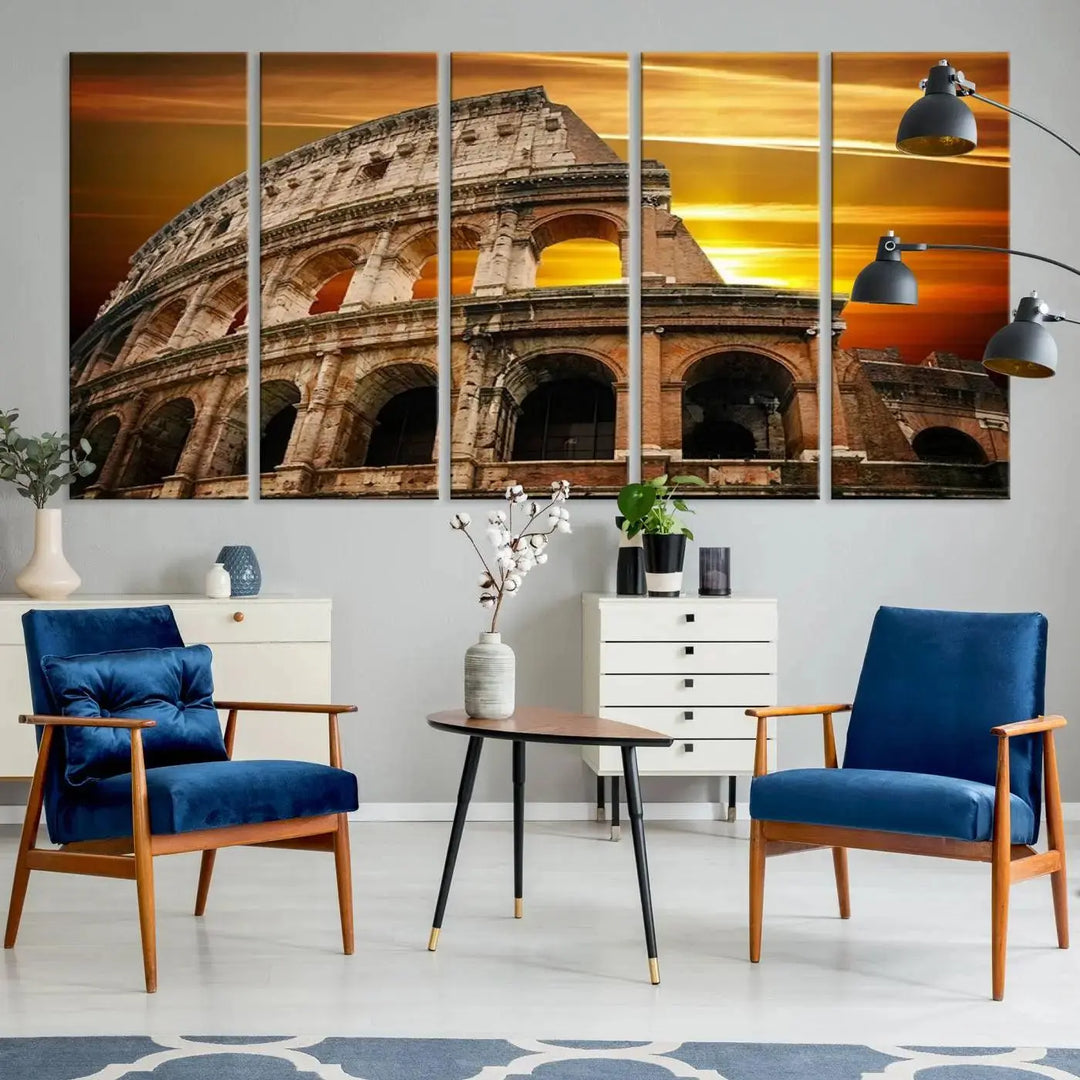 A three-panel canvas titled "Colosseum with Yellow Sunset Behind, Italy," protected with a UV-coating, is elegantly displayed.