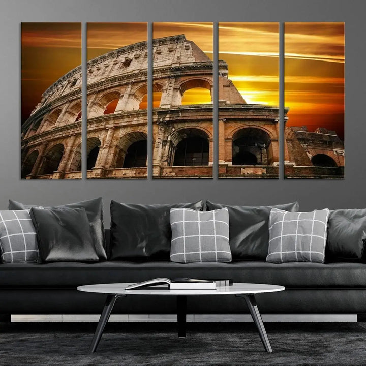 A three-panel canvas titled "Colosseum with Yellow Sunset Behind, Italy," protected with a UV-coating, is elegantly displayed.