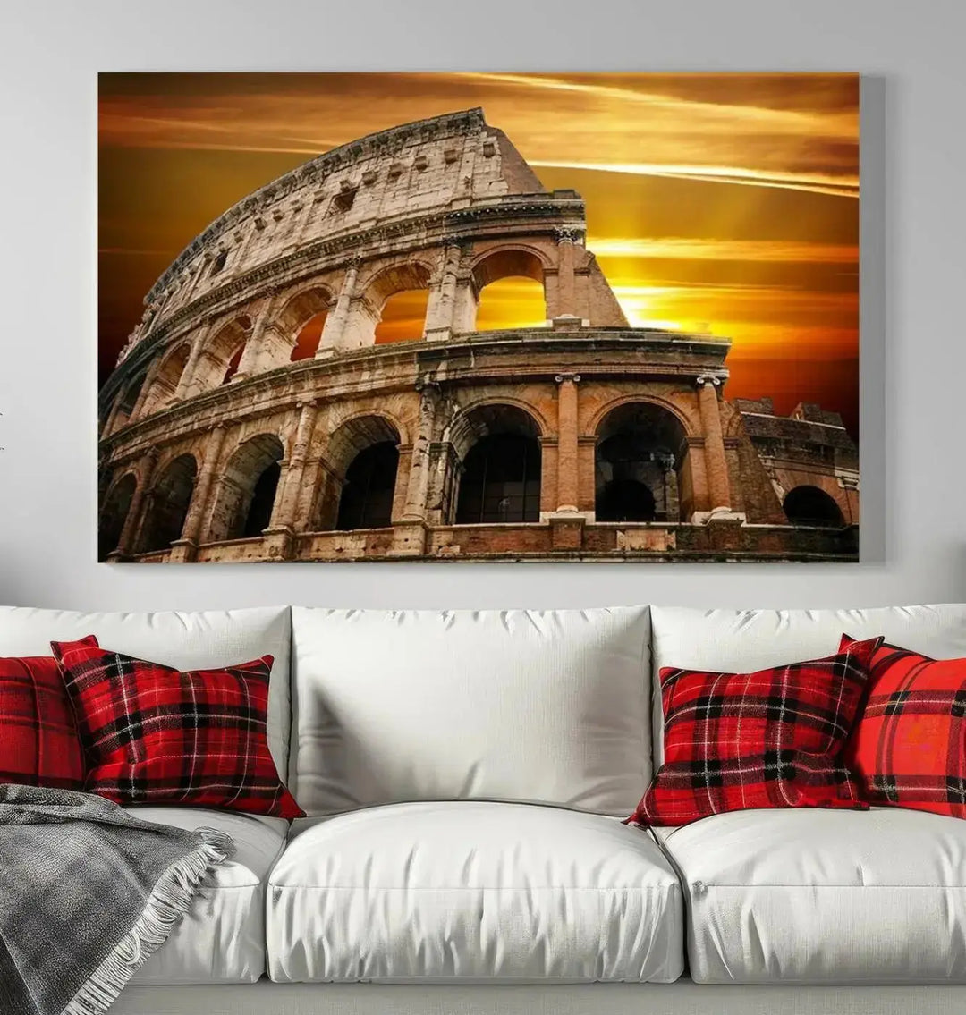 A three-panel canvas titled "Colosseum with Yellow Sunset Behind, Italy," protected with a UV-coating, is elegantly displayed.