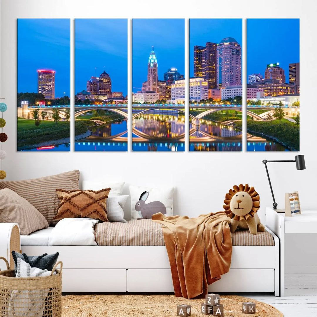 The modern living room is enhanced by the striking Columbus City Lights Bright Blue Skyline Cityscape View Wall Art Canvas Print displayed above white cabinets. This piece is crafted on museum-quality canvas with a UV-protective coating to ensure lasting beauty and vibrant colors.