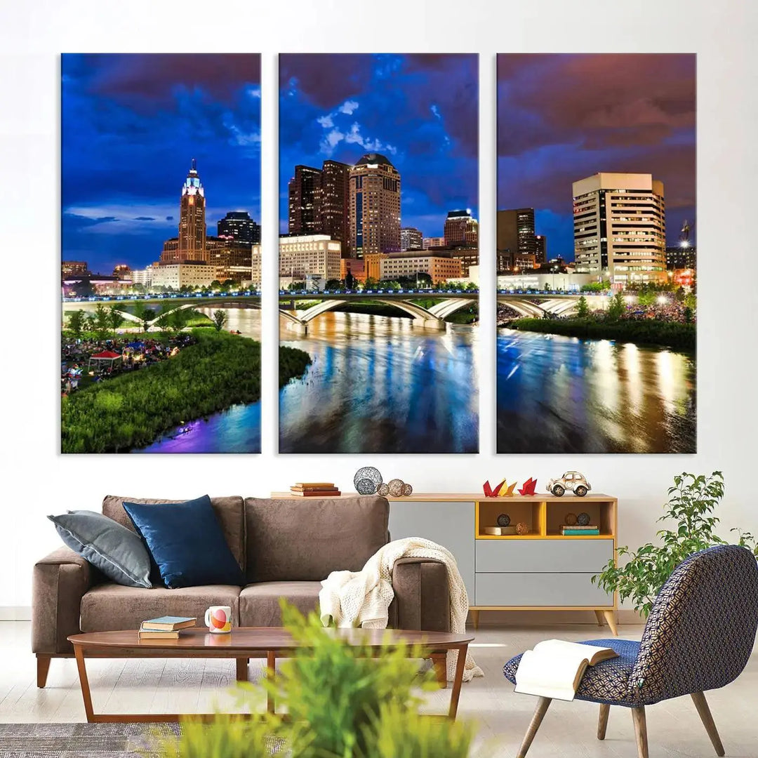 Columbus City Lights Night Bright Blue Cloudy Skyline Cityscape View Wall Art Canvas Print, gallery wrapped on museum-quality canvas, reflecting on a river.