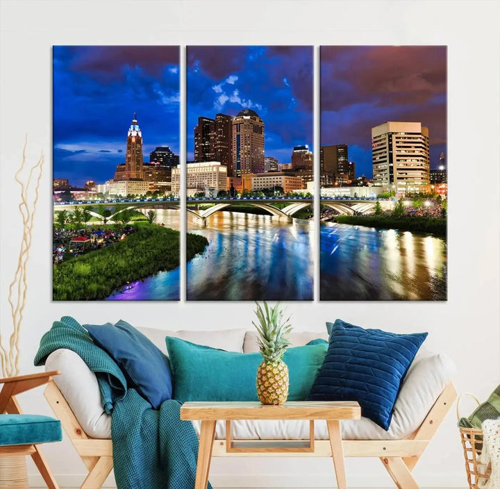 Columbus City Lights Night Bright Blue Cloudy Skyline Cityscape View Wall Art Canvas Print, gallery wrapped on museum-quality canvas, reflecting on a river.