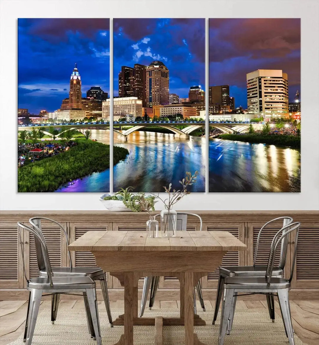 Columbus City Lights Night Bright Blue Cloudy Skyline Cityscape View Wall Art Canvas Print, gallery wrapped on museum-quality canvas, reflecting on a river.