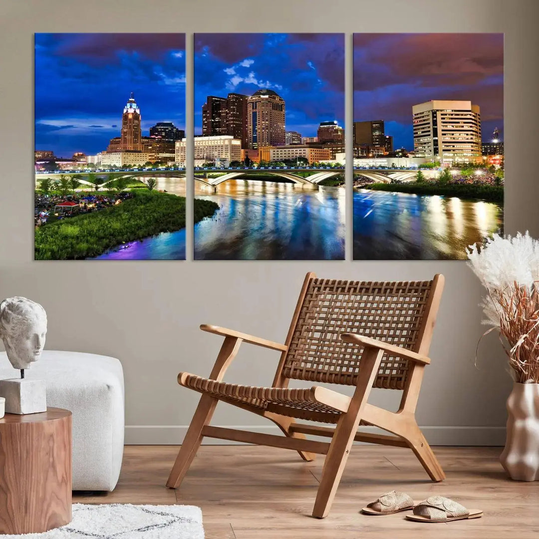 Columbus City Lights Night Bright Blue Cloudy Skyline Cityscape View Wall Art Canvas Print, gallery wrapped on museum-quality canvas, reflecting on a river.