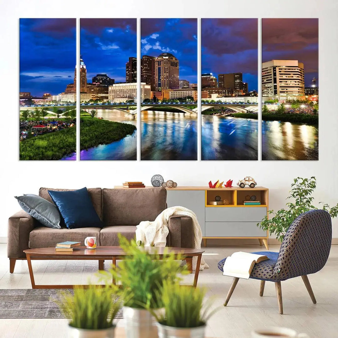 Columbus City Lights Night Bright Blue Cloudy Skyline Cityscape View Wall Art Canvas Print, gallery wrapped on museum-quality canvas, reflecting on a river.