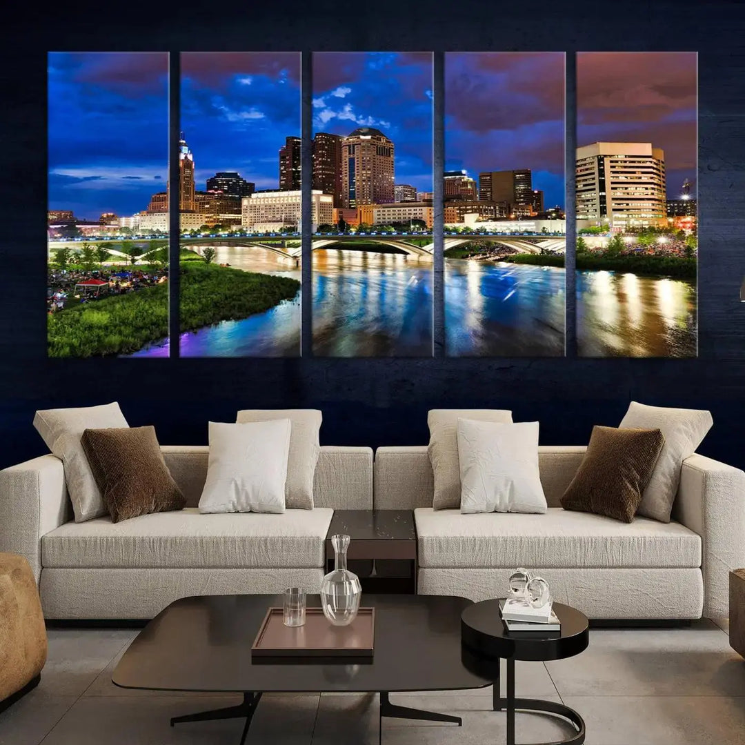 Columbus City Lights Night Bright Blue Cloudy Skyline Cityscape View Wall Art Canvas Print, gallery wrapped on museum-quality canvas, reflecting on a river.