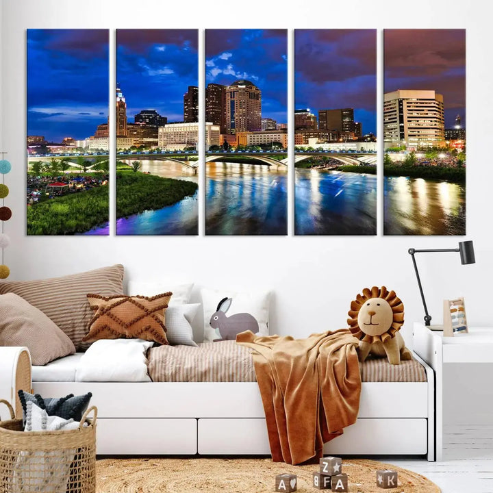 Columbus City Lights Night Bright Blue Cloudy Skyline Cityscape View Wall Art Canvas Print, gallery wrapped on museum-quality canvas, reflecting on a river.