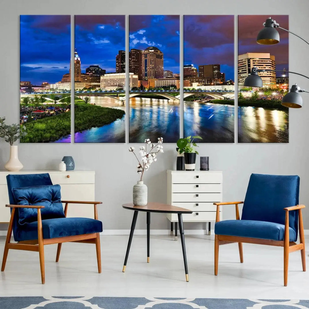 Columbus City Lights Night Bright Blue Cloudy Skyline Cityscape View Wall Art Canvas Print, gallery wrapped on museum-quality canvas, reflecting on a river.