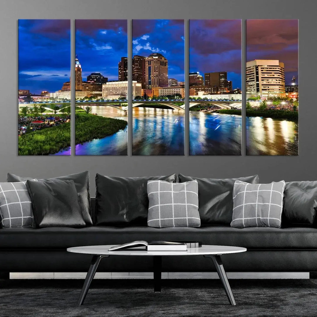 Columbus City Lights Night Bright Blue Cloudy Skyline Cityscape View Wall Art Canvas Print, gallery wrapped on museum-quality canvas, reflecting on a river.