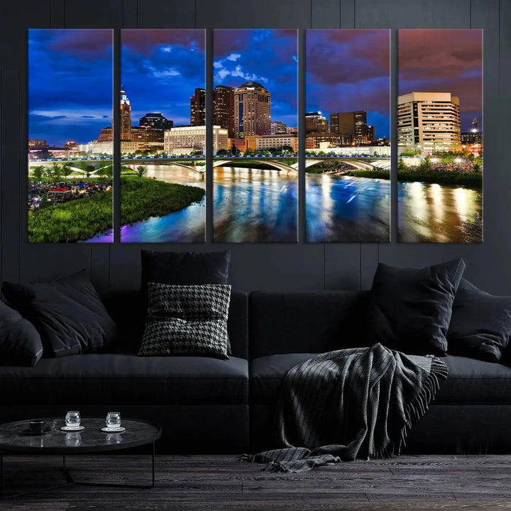 Columbus City Lights Night Bright Blue Cloudy Skyline Cityscape View Wall Art Canvas Print, gallery wrapped on museum-quality canvas, reflecting on a river.