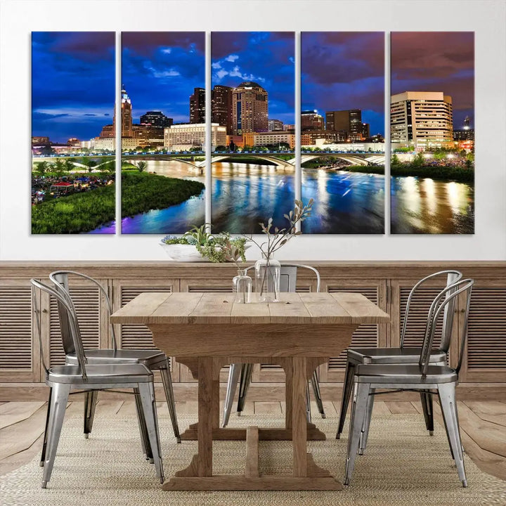 Columbus City Lights Night Bright Blue Cloudy Skyline Cityscape View Wall Art Canvas Print, gallery wrapped on museum-quality canvas, reflecting on a river.