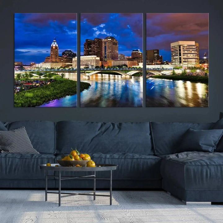 Columbus City Lights Night Bright Blue Cloudy Skyline Cityscape View Wall Art Canvas Print, gallery wrapped on museum-quality canvas, reflecting on a river.