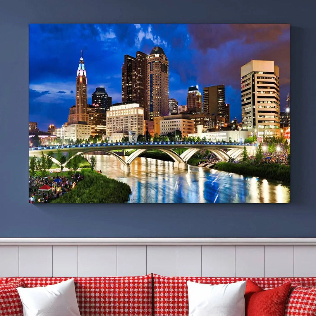 The Columbus City Lights Night Bright Blue Cloudy Skyline Cityscape View Wall Art Canvas Print, crafted on museum-quality canvas and finished with a UV-protective coating, adorns the wall.