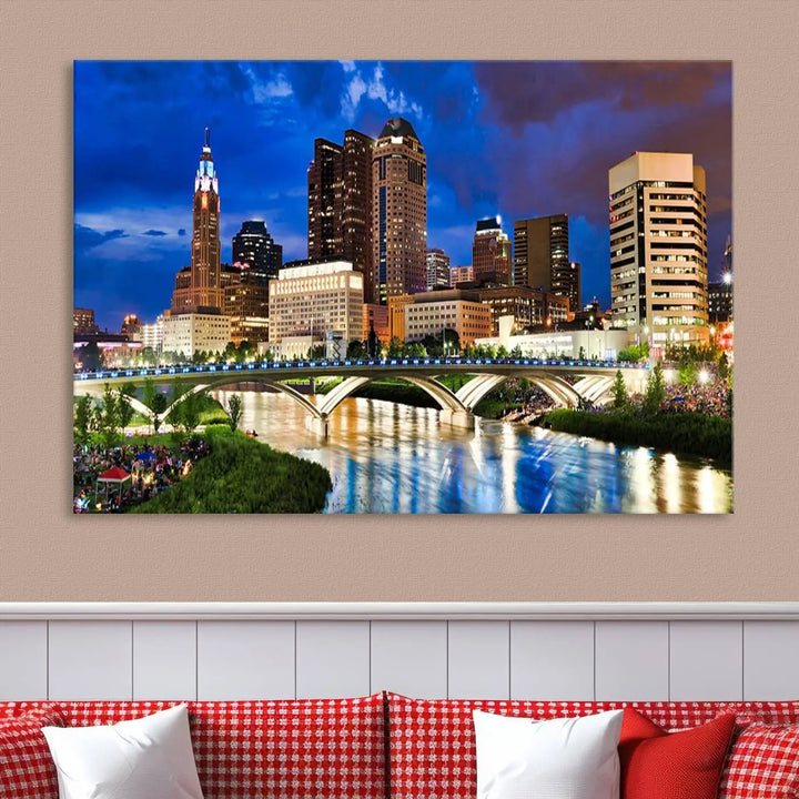 The Columbus City Lights Night Bright Blue Cloudy Skyline Cityscape View Wall Art Canvas Print, crafted on museum-quality canvas and finished with a UV-protective coating, adorns the wall.