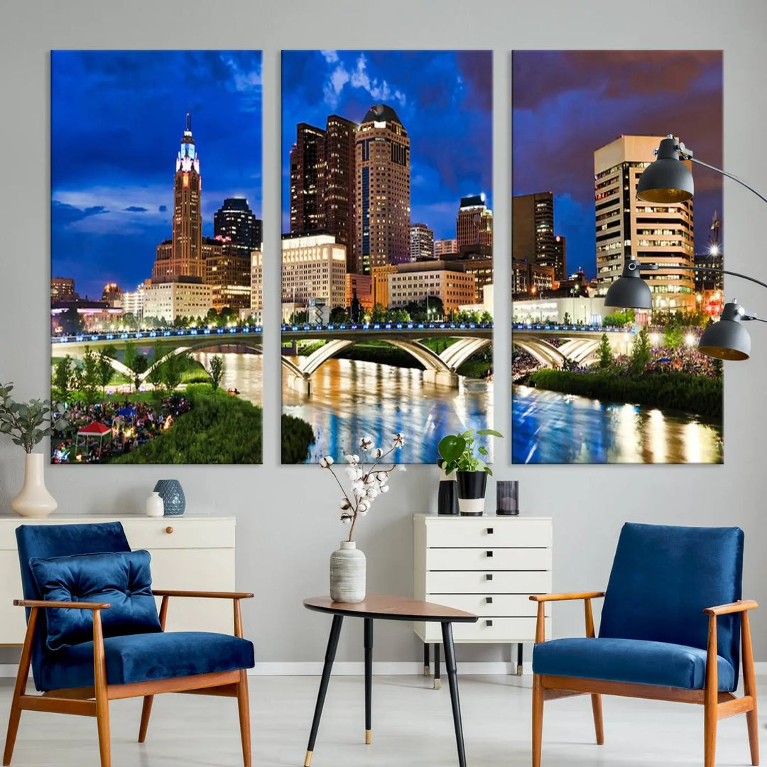 The Columbus City Lights Night Bright Blue Cloudy Skyline Cityscape View Wall Art Canvas Print, crafted on museum-quality canvas and finished with a UV-protective coating, adorns the wall.