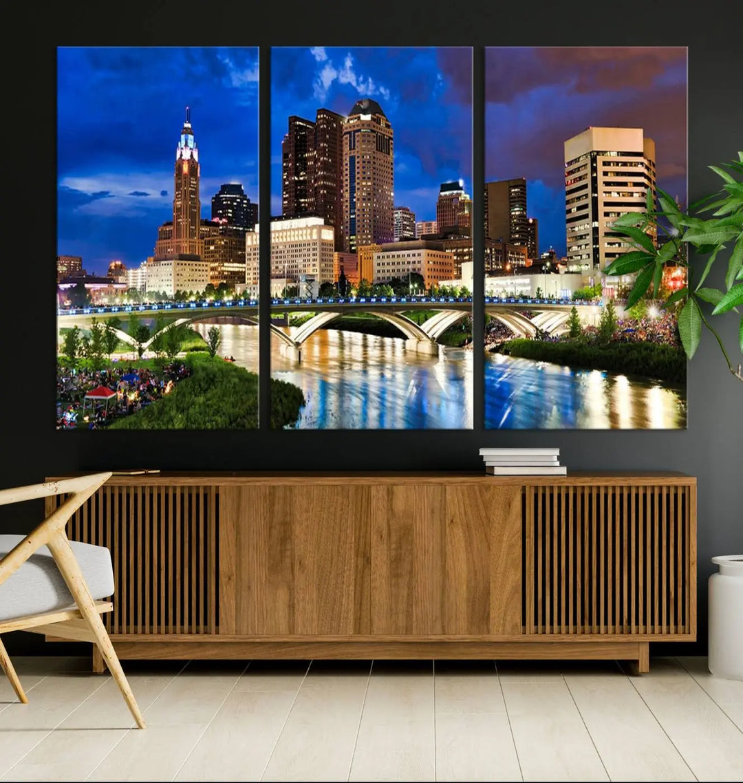 The Columbus City Lights Night Bright Blue Cloudy Skyline Cityscape View Wall Art Canvas Print, crafted on museum-quality canvas and finished with a UV-protective coating, adorns the wall.