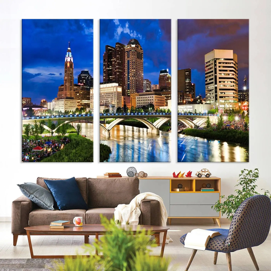 The Columbus City Lights Night Bright Blue Cloudy Skyline Cityscape View Wall Art Canvas Print, crafted on museum-quality canvas and finished with a UV-protective coating, adorns the wall.