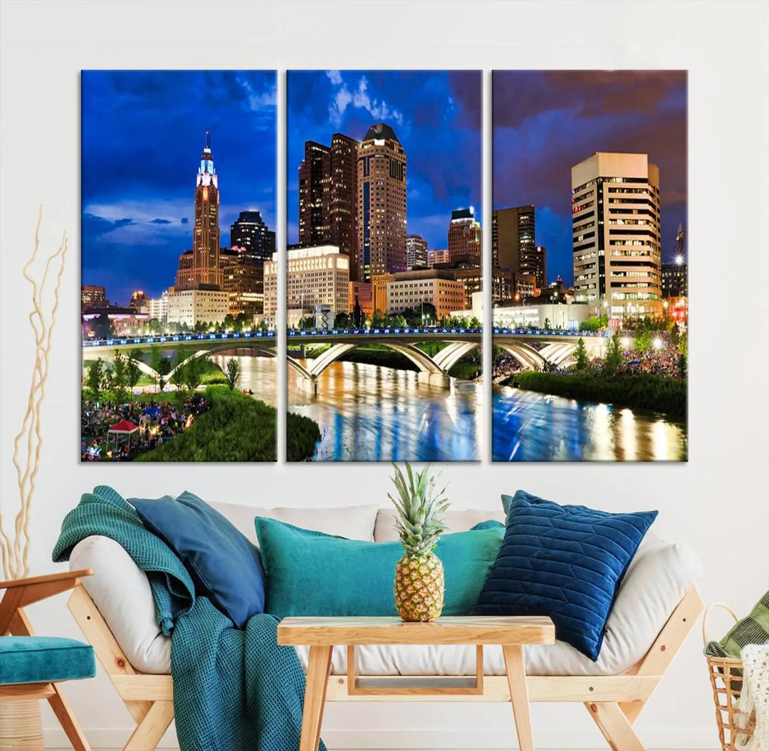 The Columbus City Lights Night Bright Blue Cloudy Skyline Cityscape View Wall Art Canvas Print, crafted on museum-quality canvas and finished with a UV-protective coating, adorns the wall.