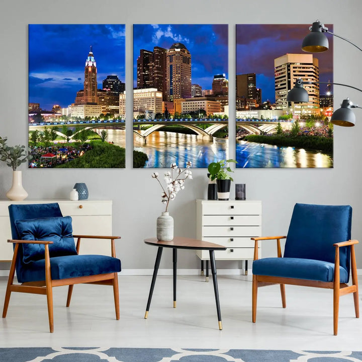 The Columbus City Lights Night Bright Blue Cloudy Skyline Cityscape View Wall Art Canvas Print, crafted on museum-quality canvas and finished with a UV-protective coating, adorns the wall.