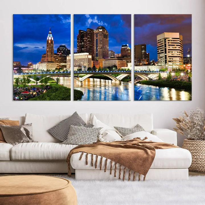 The Columbus City Lights Night Bright Blue Cloudy Skyline Cityscape View Wall Art Canvas Print, crafted on museum-quality canvas and finished with a UV-protective coating, adorns the wall.