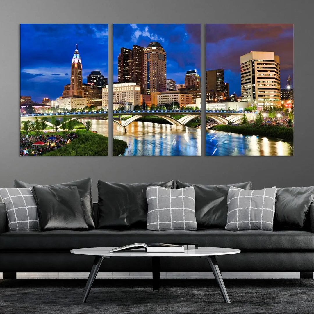 The Columbus City Lights Night Bright Blue Cloudy Skyline Cityscape View Wall Art Canvas Print, crafted on museum-quality canvas and finished with a UV-protective coating, adorns the wall.