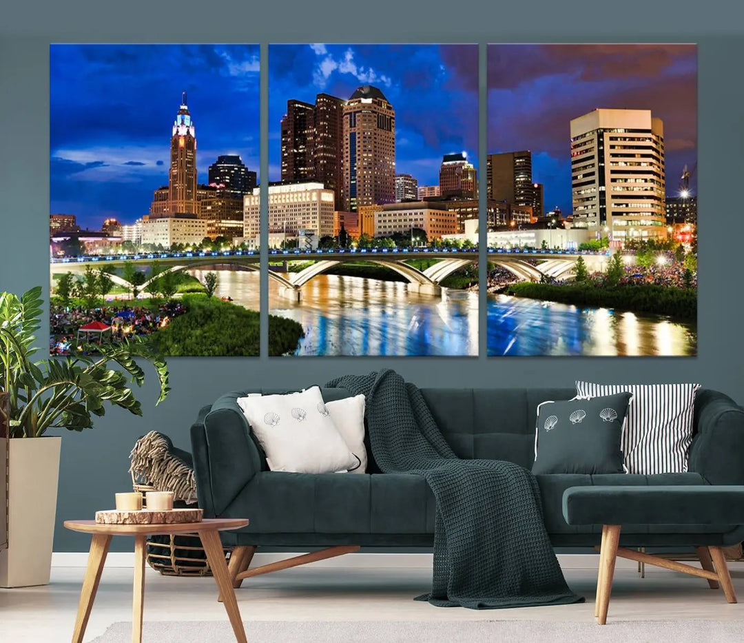 The Columbus City Lights Night Bright Blue Cloudy Skyline Cityscape View Wall Art Canvas Print, crafted on museum-quality canvas and finished with a UV-protective coating, adorns the wall.