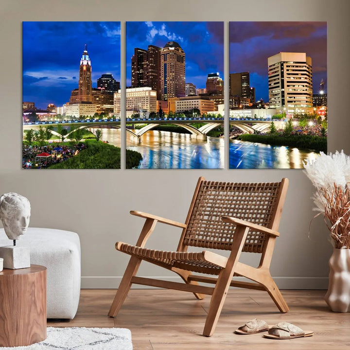 The Columbus City Lights Night Bright Blue Cloudy Skyline Cityscape View Wall Art Canvas Print, crafted on museum-quality canvas and finished with a UV-protective coating, adorns the wall.