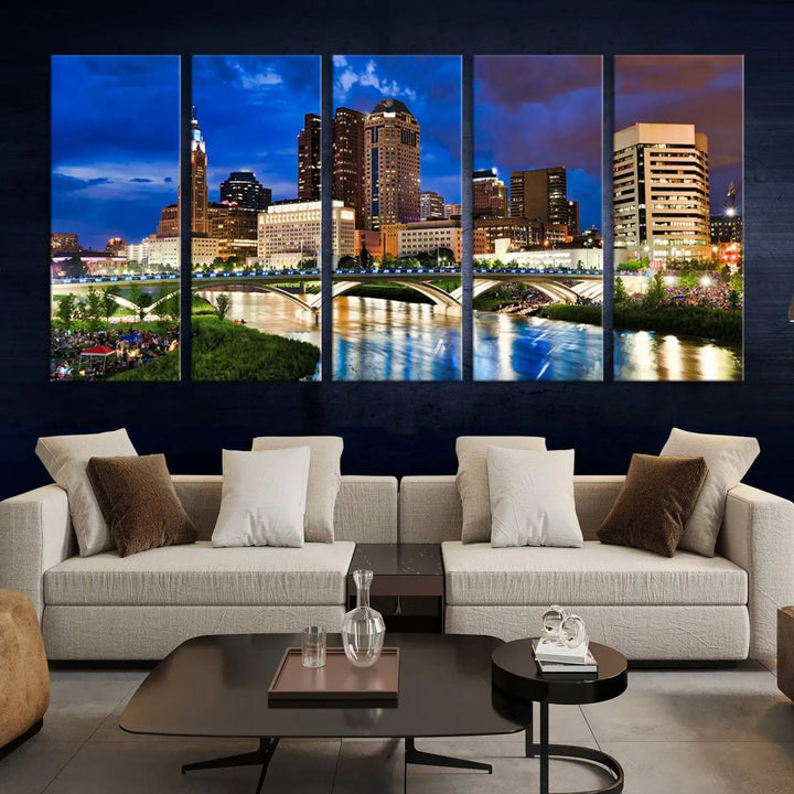 The Columbus City Lights Night Bright Blue Cloudy Skyline Cityscape View Wall Art Canvas Print, crafted on museum-quality canvas and finished with a UV-protective coating, adorns the wall.