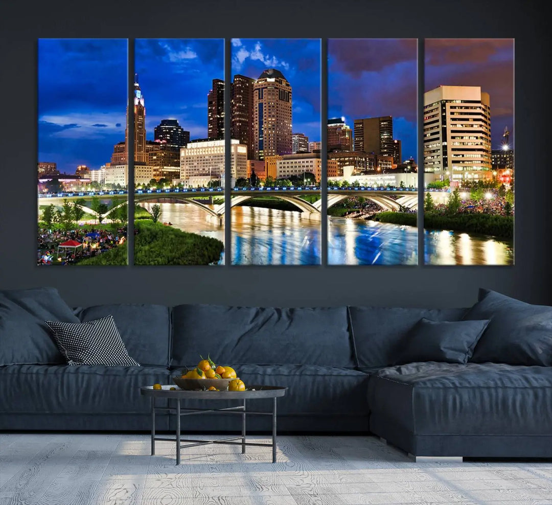 The Columbus City Lights Night Bright Blue Cloudy Skyline Cityscape View Wall Art Canvas Print, crafted on museum-quality canvas and finished with a UV-protective coating, adorns the wall.