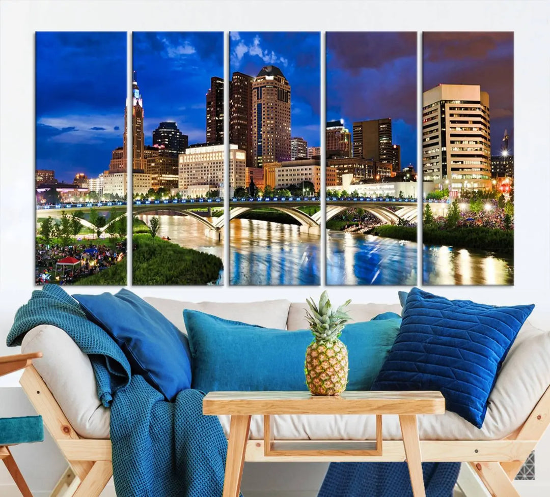 The Columbus City Lights Night Bright Blue Cloudy Skyline Cityscape View Wall Art Canvas Print, crafted on museum-quality canvas and finished with a UV-protective coating, adorns the wall.