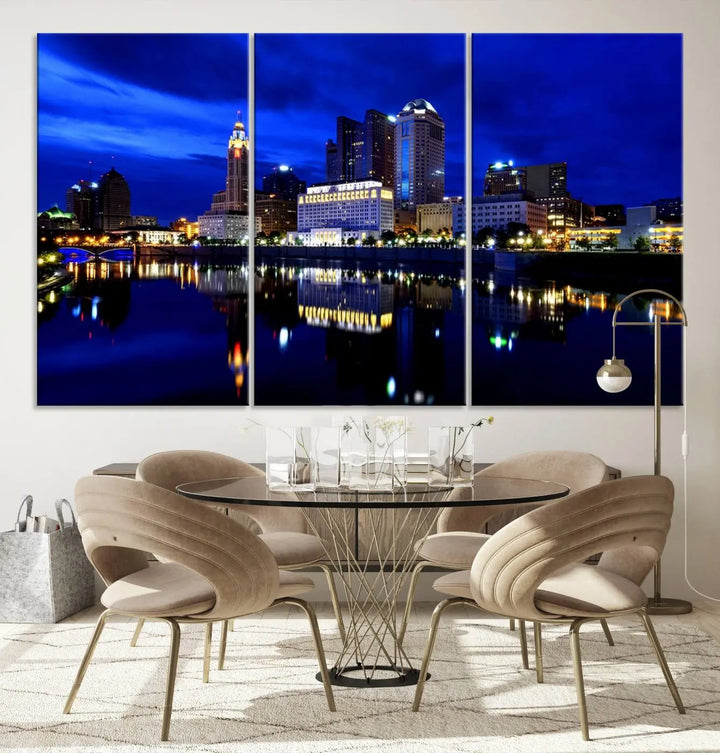 The living room showcases the Columbus City Lights Night Bright Blue Skyline Cityscape View Wall Art Canvas Print on a museum-quality canvas. The professionally hand-assembled artwork adds elegance while ensuring durable beauty.