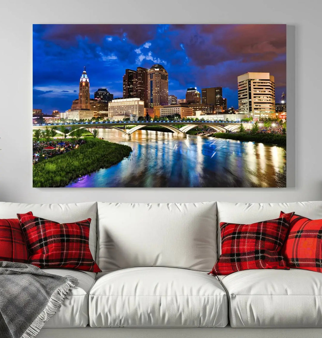 The Columbus City Lights Night Bright Skyline Cityscape View Wall Art Canvas Print is showcased on museum-quality canvas. The gallery-wrapped artwork is finished with a UV-protective coating for enduring vibrancy.