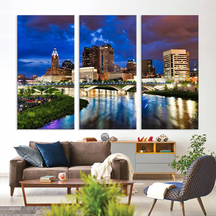 The Columbus City Lights Night Bright Skyline Cityscape View Wall Art Canvas Print is showcased on museum-quality canvas. The gallery-wrapped artwork is finished with a UV-protective coating for enduring vibrancy.