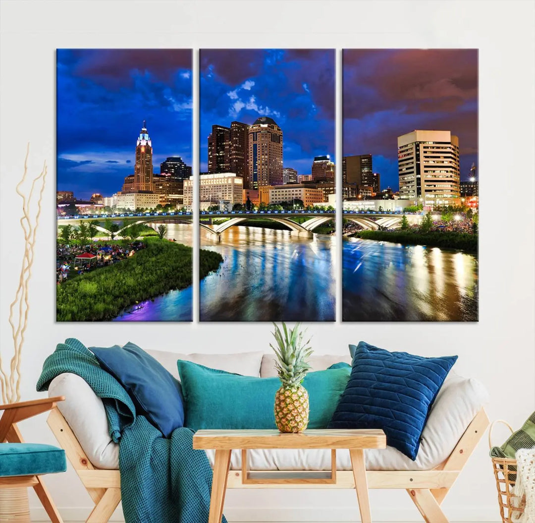 The Columbus City Lights Night Bright Skyline Cityscape View Wall Art Canvas Print is showcased on museum-quality canvas. The gallery-wrapped artwork is finished with a UV-protective coating for enduring vibrancy.