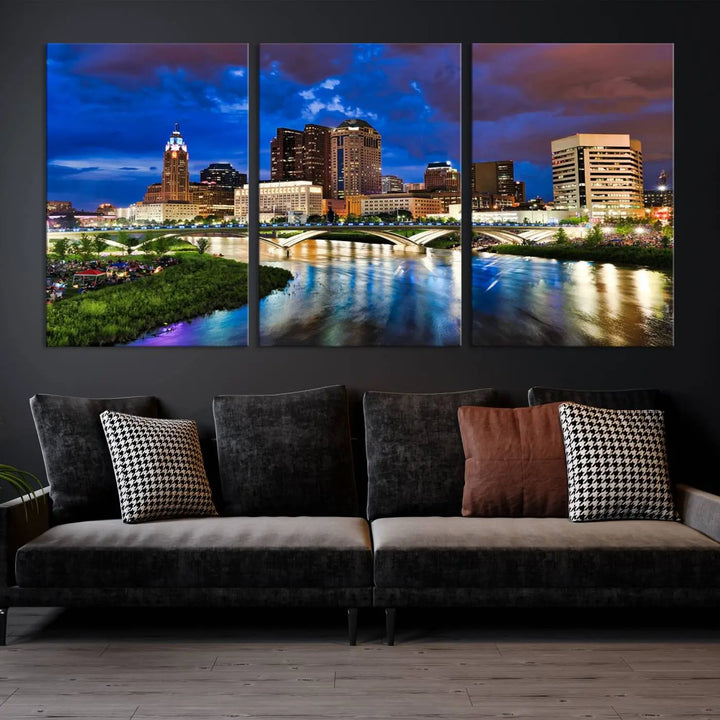 The Columbus City Lights Night Bright Skyline Cityscape View Wall Art Canvas Print is showcased on museum-quality canvas. The gallery-wrapped artwork is finished with a UV-protective coating for enduring vibrancy.