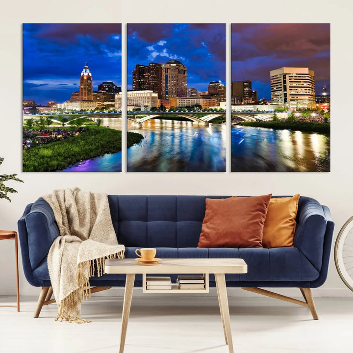 The Columbus City Lights Night Bright Skyline Cityscape View Wall Art Canvas Print is showcased on museum-quality canvas. The gallery-wrapped artwork is finished with a UV-protective coating for enduring vibrancy.