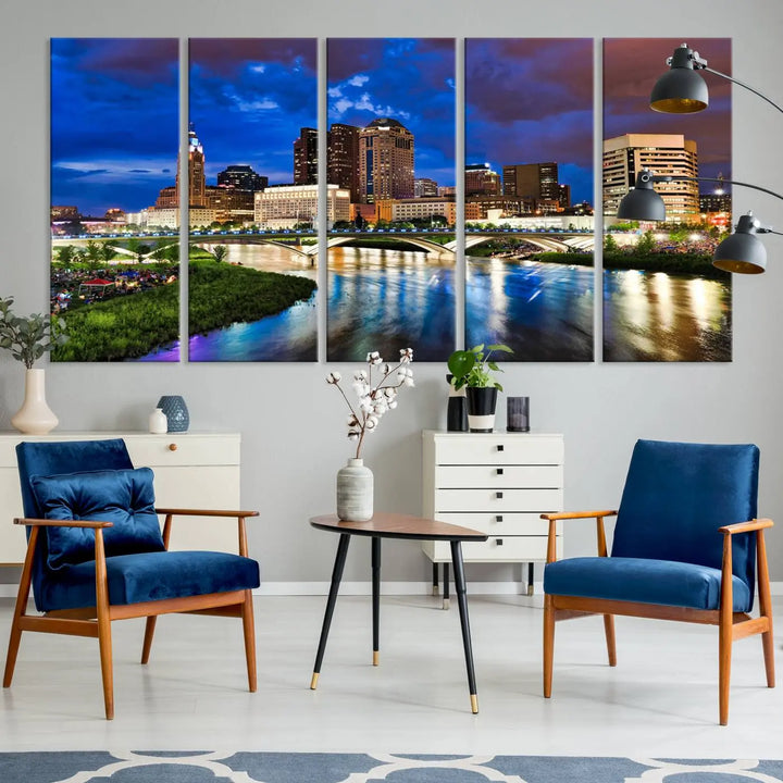 The Columbus City Lights Night Bright Skyline Cityscape View Wall Art Canvas Print is showcased on museum-quality canvas. The gallery-wrapped artwork is finished with a UV-protective coating for enduring vibrancy.