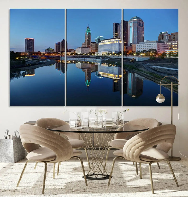 Enhance your modern dining area with the "Columbus City Lights Night Skyline Cityscape View Wall Art Canvas Print," capturing an urban scene of a cityscape mirrored on a tranquil river at dusk. This museum-quality canvas includes a UV-protective coating, guaranteeing its long-lasting brilliance. Enjoy free shipping while adding this piece of urban tranquility to your home.