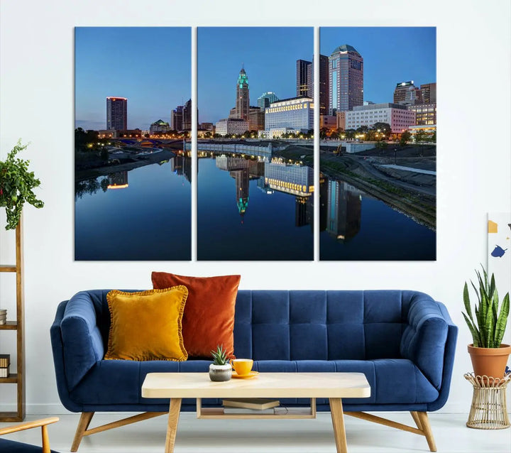 Enhance your modern dining area with the "Columbus City Lights Night Skyline Cityscape View Wall Art Canvas Print," capturing an urban scene of a cityscape mirrored on a tranquil river at dusk. This museum-quality canvas includes a UV-protective coating, guaranteeing its long-lasting brilliance. Enjoy free shipping while adding this piece of urban tranquility to your home.