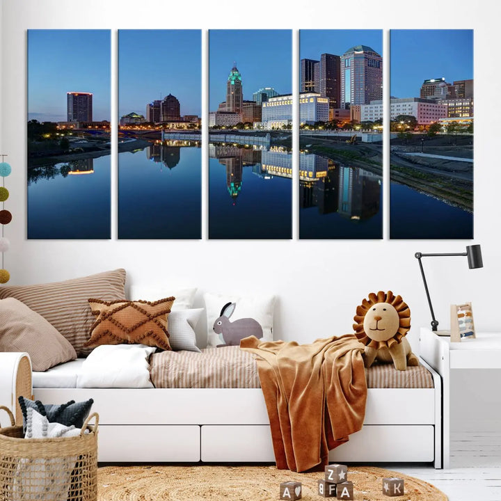 Enhance your modern dining area with the "Columbus City Lights Night Skyline Cityscape View Wall Art Canvas Print," capturing an urban scene of a cityscape mirrored on a tranquil river at dusk. This museum-quality canvas includes a UV-protective coating, guaranteeing its long-lasting brilliance. Enjoy free shipping while adding this piece of urban tranquility to your home.