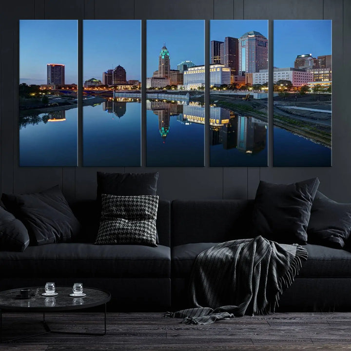 Enhance your modern dining area with the "Columbus City Lights Night Skyline Cityscape View Wall Art Canvas Print," capturing an urban scene of a cityscape mirrored on a tranquil river at dusk. This museum-quality canvas includes a UV-protective coating, guaranteeing its long-lasting brilliance. Enjoy free shipping while adding this piece of urban tranquility to your home.